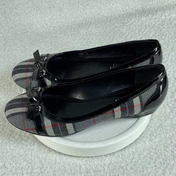 Franco Sarto Charms Womens Size 8 Slip On Plaid Loafer Black Patent Leather Trim - Picture 1 of 9